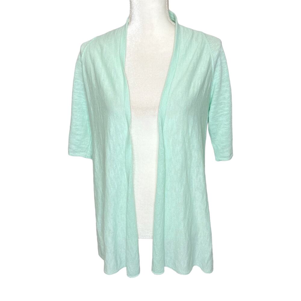 EILEEN FISHER Women's S Beachy Linen Short Sleeve Open Cardigan Green